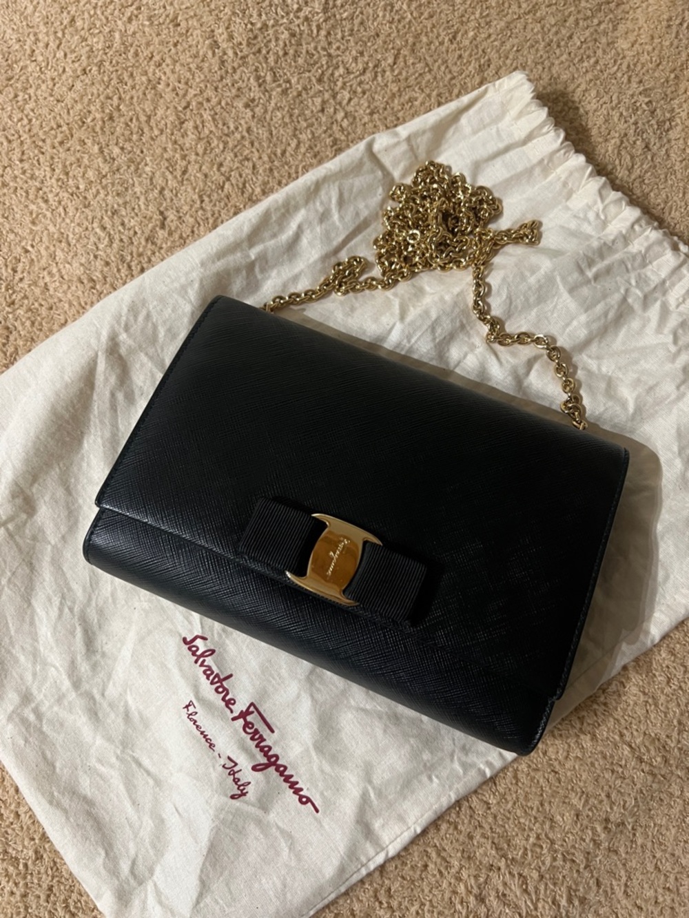 Salvatore Ferragamo Black Saffiano Vara Crossbody with Gold Chain